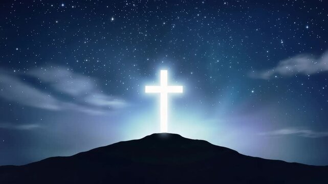 Glowing Christian Cross on Mountain Peak Against Beautiful Starry Night Sky Loop