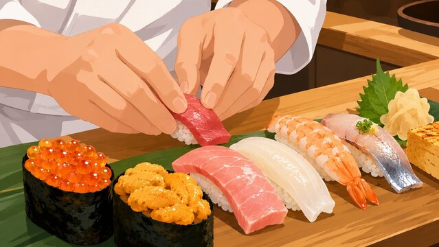 寿司職人が握り寿司を並べる板前の手元アニメ風イラスト