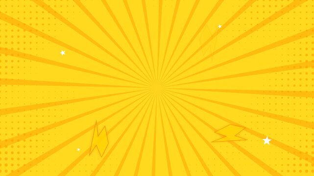 Bright yellow comic sunburst background animation featuring retro halftone patterns, flashing lightning bolts, and tiny stars, ideal for pop art style video intros or promos