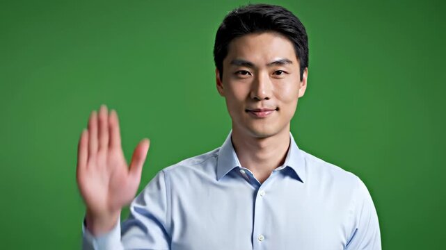 Asian businessman waving hello in studio with green screen background and subtle camera zoom