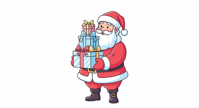 Cartoon Santa Claus Holding Stack of Christmas Presents.