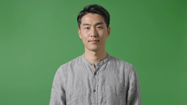 Asian man waving hello and smiling against a green screen background in a studio setting