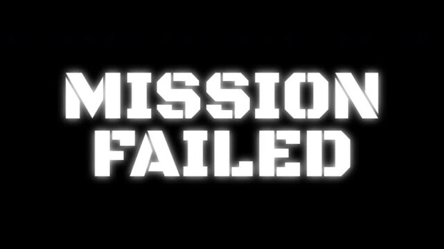 Mission failed glitch screen animation with retro arcade game over style and CRT distortion on black background with alpha channel for gaming videos, stream overlays, video intros, trailers, and broad
