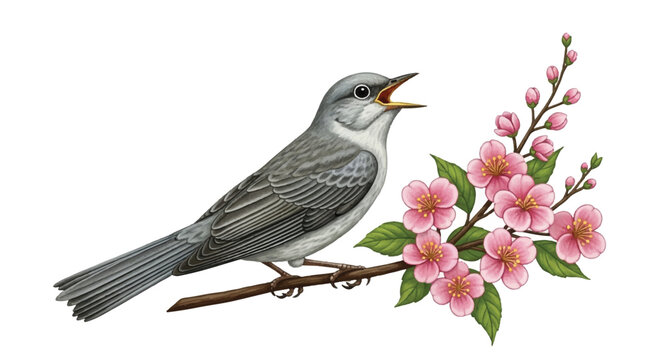 A beautiful bird singing on a branch with pink flowers.