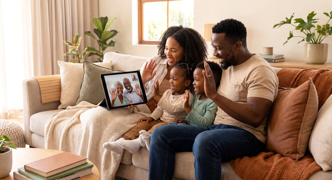Happy African family having video call with grandparents on large tablet in cozy mode