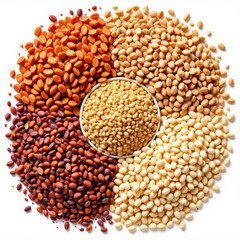 Naklejka premium Various types of millet grains arranged in a circular pattern on a white background.