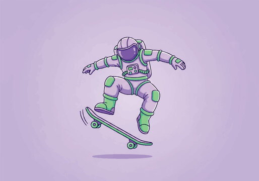Astronaut Skateboarder Performing Trick in Space.