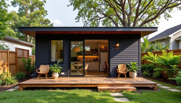 Modern small backyard studio with wooden deck, glass doors and cozy outdoor seating.