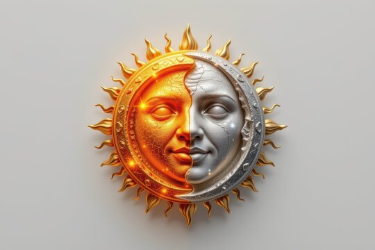Sun and moon face sculpture with fire and metal textures in a circular design.