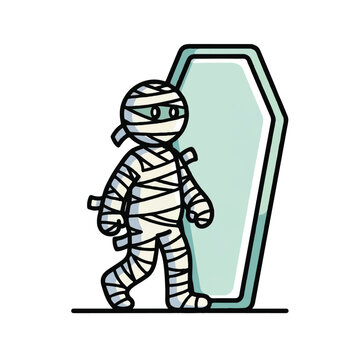 Cute Mummy Walking Out of Coffin Cartoon.