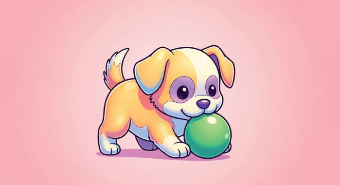 Adorable Cartoon Puppy Playing with a Green Ball.