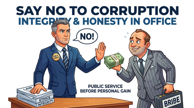 Cartoon vector illustration of a public official refusing a bribe from a businessman in a modern office setting with a strong ethical message and positive anti-corruption theme.