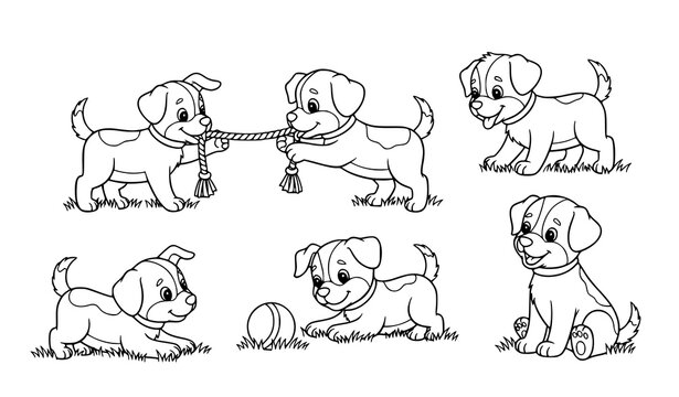 Kids Puppy Coloring Page Vector with Five Cartoon Dogs Playing in Nature