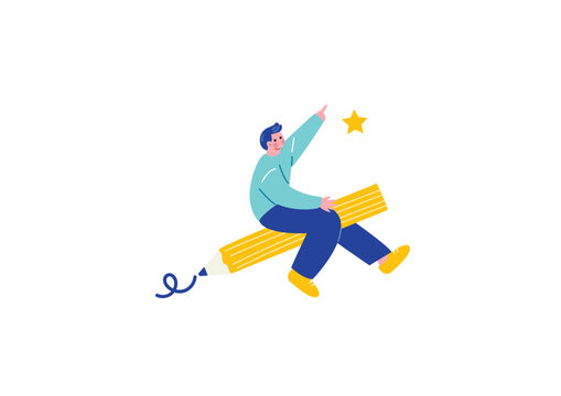 鉛筆に乗って旅立つ男性のイラスト