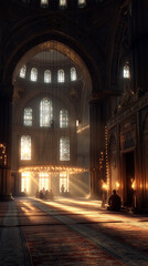 Obraz premium Interior of a historic mosque with a large ring chandelier and people praying during sunset.
