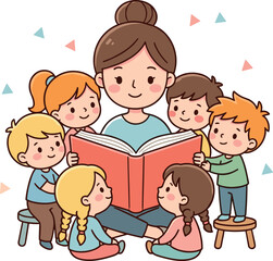 Obraz premium Cute Cartoon Female Teacher Reading Story Book to Group of Diverse Kindergarten Children Vector Illustration Graphic