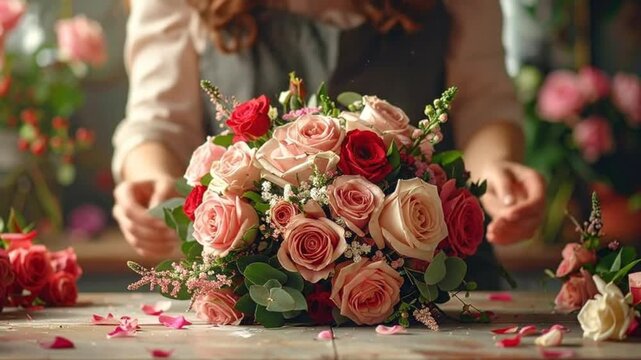 A florist arranges a beautiful bouquet of fresh colorful roses