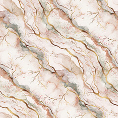 Naklejka premium Seamless pattern of marble texture with flowing gold veins and soft watercolor washes in shades of pink, grey, and beige on white base
