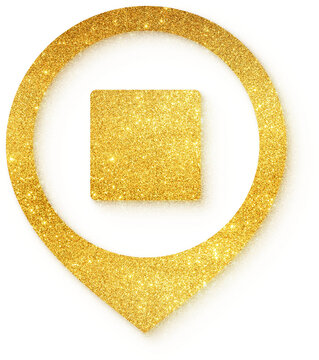 Square icon in gold glitter location pin shape for square shape geometry box frame design UI element container layout and graphic on transparent background.