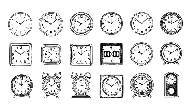 Hand Drawn Ink Clock Sketch Vector Set with Classic and Modern Timepieces