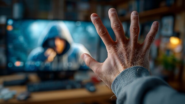 Person Hesitantly Reaching Toward Screen with Emotional Expression