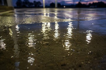 Fototapeta premium Rain Puddles On Concrete Gas Station Forecourt Reflecting Canopy Lights At Dusk With Ripples Detail