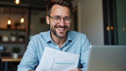 Fototapeta premium Male professional with glasses smiles while holding documents in front of a laptop, modern office interior with plants and warm lighting visible in the background