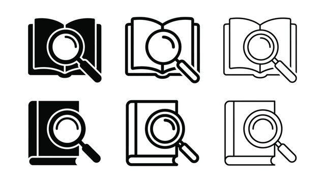 Magnifying glass over book icon silhouette vector, bold outline and line art design