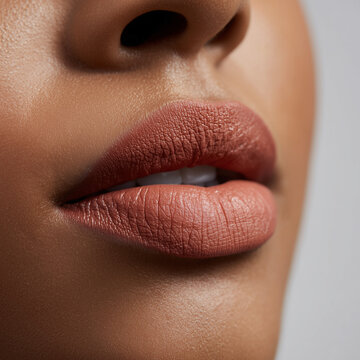 Makroaufnahme von Lippen und Nase einer dunkelh&auml;utigen Frau mit nat&uuml;rlichem Make-up. Elegantes Beauty-Motiv f&uuml;r Kosmetik, Hautpflege, Lippenstift, Sch&ouml;nheit und moderne Werbung. Echtfoto.