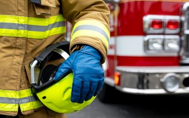 Fototapeta premium Tight-Cropped Firefighter Gear Detail with Reflective Stripes, Gloves, and Helmet