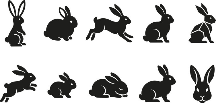 Black and white rabbit silhouette collection featuring various breeds and poses like sitting, jumping, running, and hopping for Easter decorations and nature-themed graphic designs