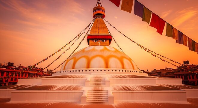 Iconic white buddhist stupa with prayer flags at sunset in nepal