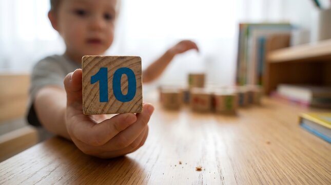 Close up of small child hand holding wooden building block with number ten painted on it to learn numbers and counting skills at home desk with blurred background of toys