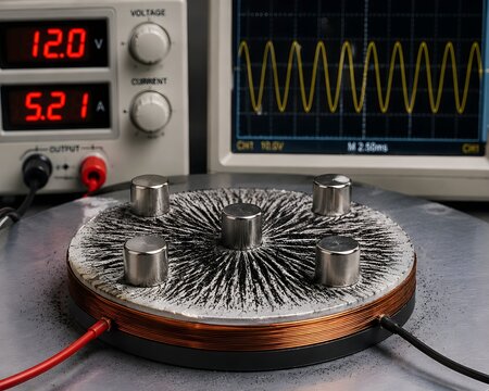 Neodymium magnets interacting dynamically with an energized pancake coil visualized by subtle vibration and iron powder png