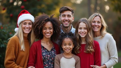 Fototapeta premium Group of six diverse individuals smiling together outdoors, wearing festive clothing and a Santa hat, surrounded by greenery and holiday decorations in a cheerful setting