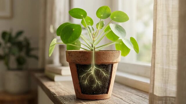 A vibrant green house plant with rounded leaves growing in a terracotta pot by a sunlit window, highlighting its roots beneath the soil