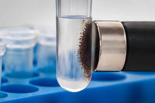 Macro Magnetic Bead DNA Extraction Laboratory Fine Brown Particles Clumping Process Shot