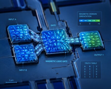 Macro Shot Of Magnetic Logic Gate Prototype On Chip Visualizing Microscopic Magnetic Domains Switching Orientation