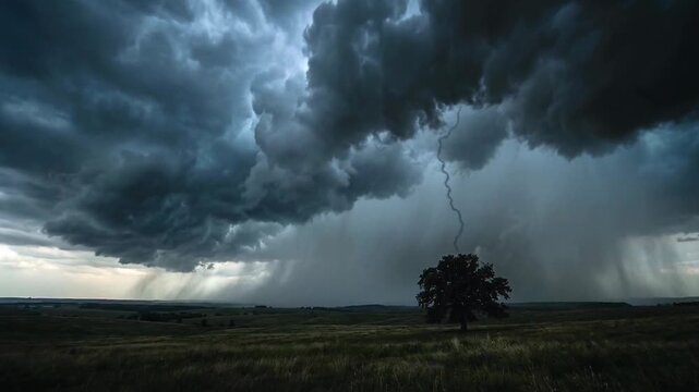 Dramatic stormy sky with dark clouds and lightning over a vast green field and solitary tree
