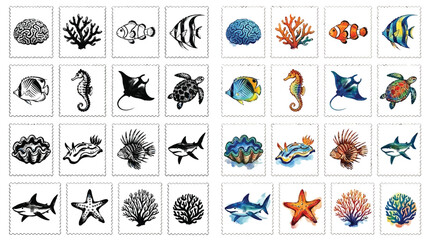 Collection of diverse marine life illustrations and watercolors, including fish, coral, and sea creatures. © Renald