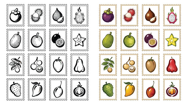 Collection of tropical fruits in stamp format, both in black and white and full color illustrations.