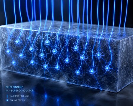 CGI render flux pinning effect visualizing magnetic field lines trapped superconducting material vibrant blue energy