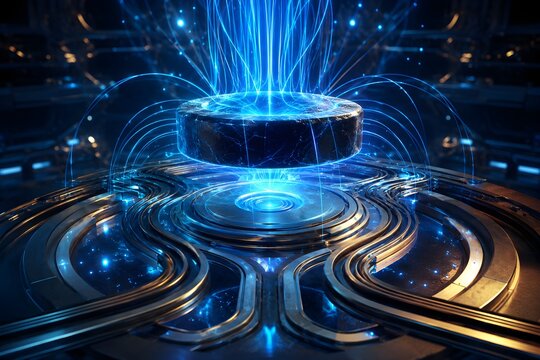 CGI visualization quantum levitation superconductor locked magnetic flux lines above complex track vibrant energy