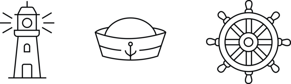 Set of three nautical icons set featuring lighthouse sailor hat and ships wheel. Editable thin outline packs. Vector illustration