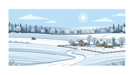Peaceful winter farm landscape with snow covered hills and barns © supri