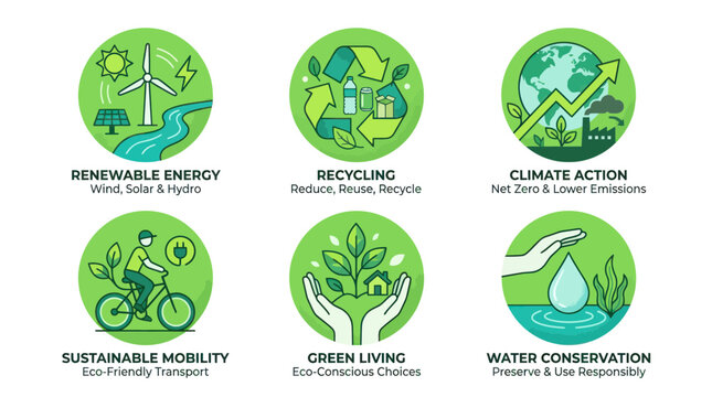 Eco friendly environmental icons for renewable energy and recycling