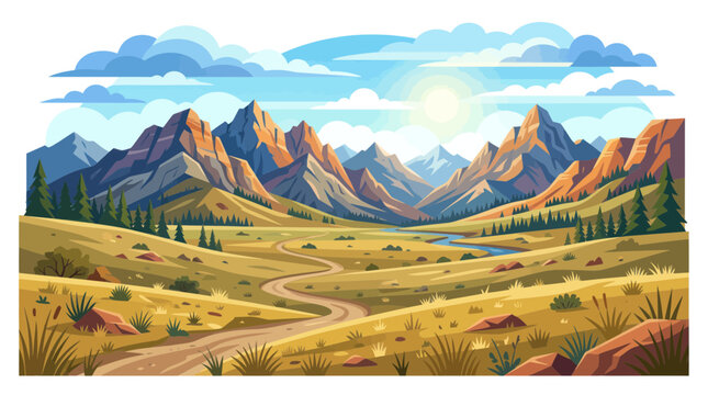 Scenic mountain valley landscape with a winding path and river