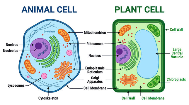 Comparison of animal cell and plant cell structures with labels