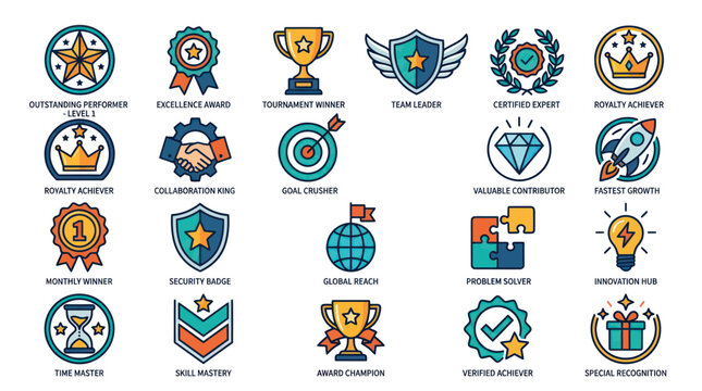 Achievement badges and business reward icons for gamification