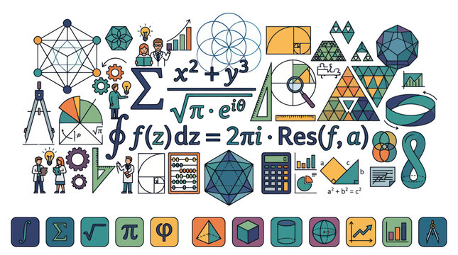 Mathematical formulas and scientific symbols with geometric shapes